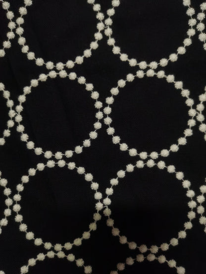 Embroidered Linen Cotton Fabric, Heavy 14oz, 47 in Wide - White Ring on Black