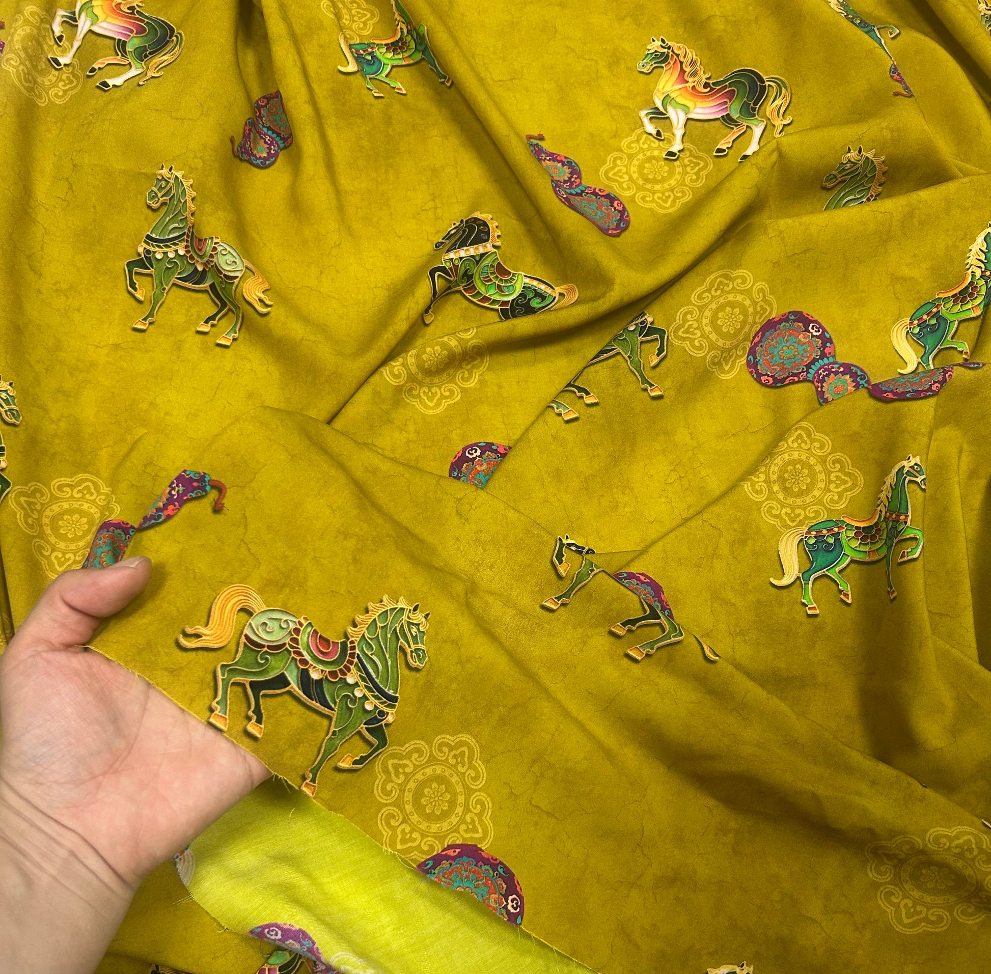 Rayon Fabric, Golden Horse Print, for Qipao & Vests