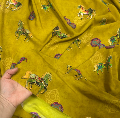 Rayon Fabric, Golden Horse Print, for Qipao & Vests