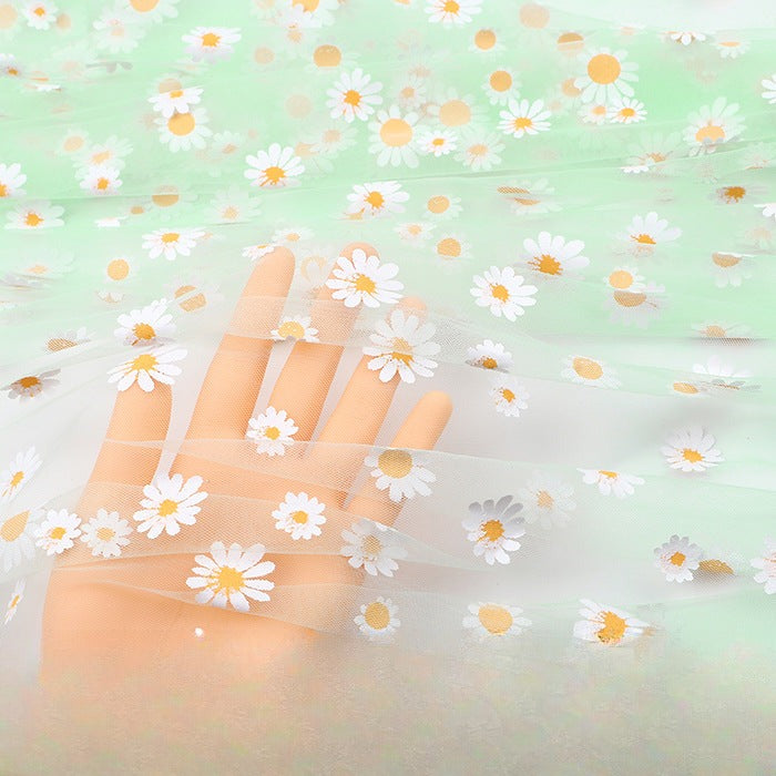 Daisy Print Polyester Gauze Fabric, Sheer Floral Mesh for Wedding & Apparel - Mint Green