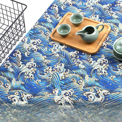 Japanese Wave Cotton-Linen Print Fabric, Woven Home & Apparel Cloth - Blue Wave