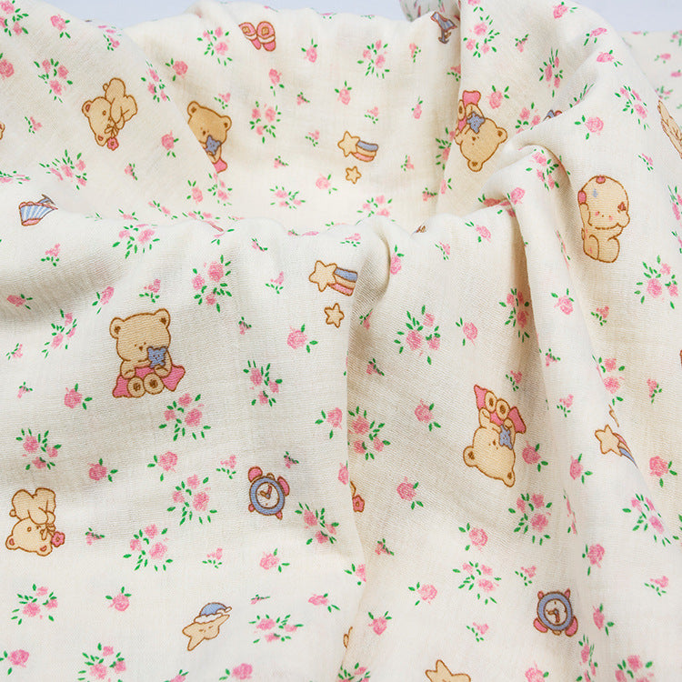 Double Gauze Cotton Fabric - Crinkle Texture Apparel & Craft by the Yard - Pink Floral Bear
