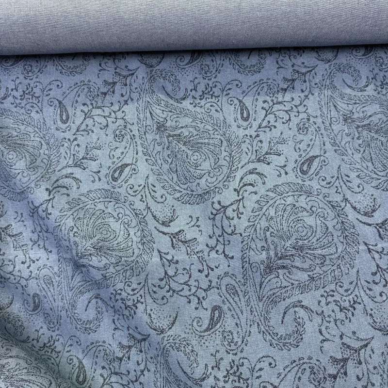 Cotton Denim Fabric, Washed Prints, for Dresses, Shirts & DIY - Large Paisley