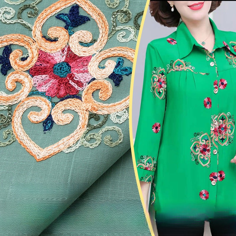 Embroidered Slub Cotton Fabric, Lightweight Woven Cloth for Shirts & Dresses - Light Green