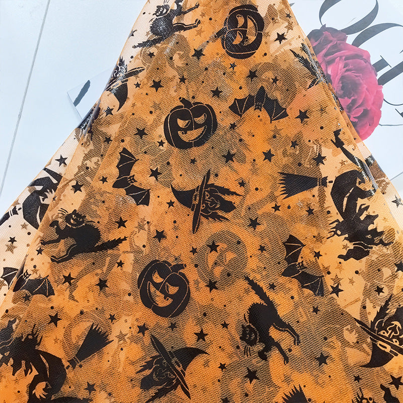 Halloween Witch Net Sheer Polyester Mesh Fabric, Fine Weave - Metallic Orange
