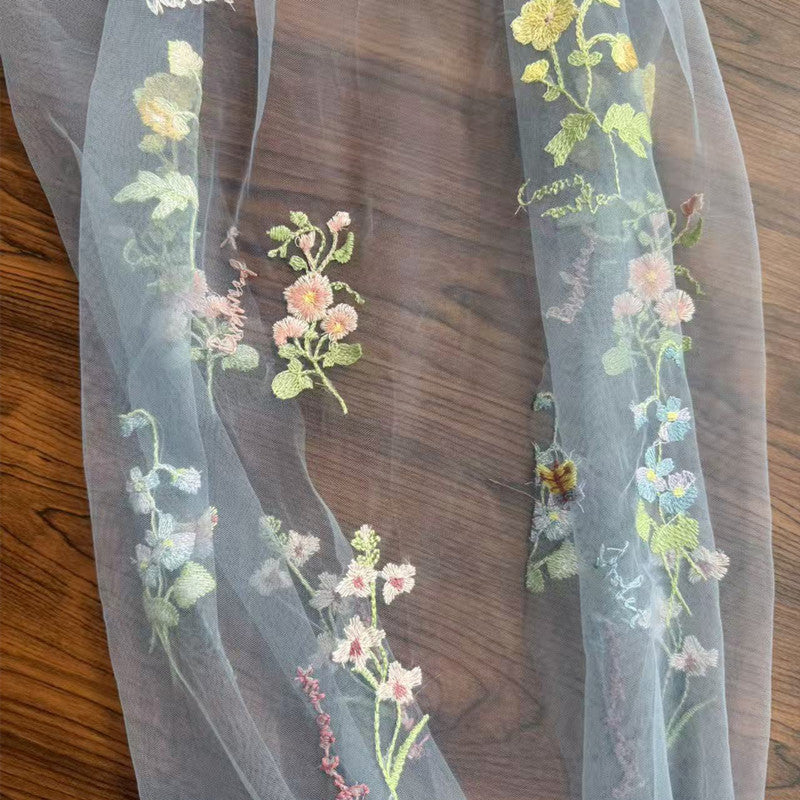 Polyester Mesh Fabric with Butterfly Embroidery, 90 g/m², 150 cm Wide, for Dresses, Blouses & Craft - Lake Blue