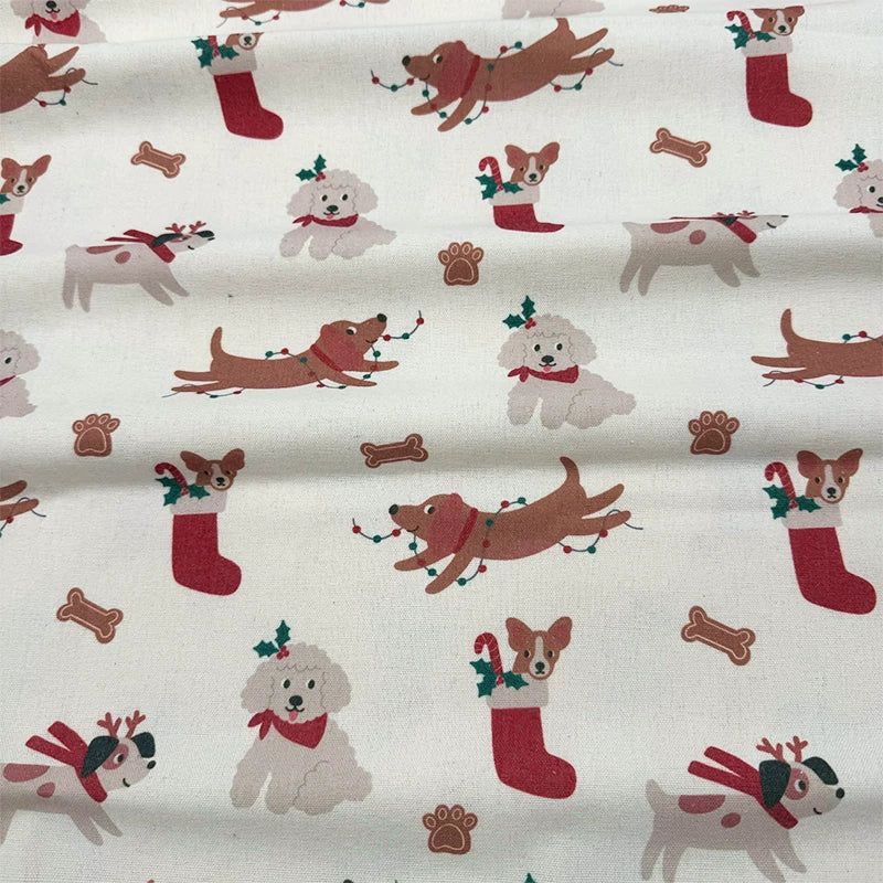 Christmas Print Cotton-Linen Fabric, Encrypted Woven Cloth for Decor & DIY - Happy Dog