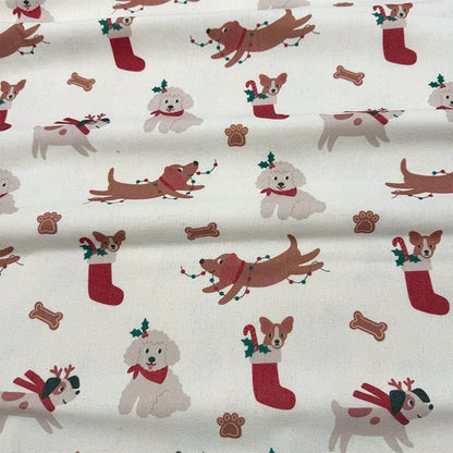 Christmas Print Cotton-Linen Fabric, Encrypted Woven Cloth for Decor & DIY - Happy Dog