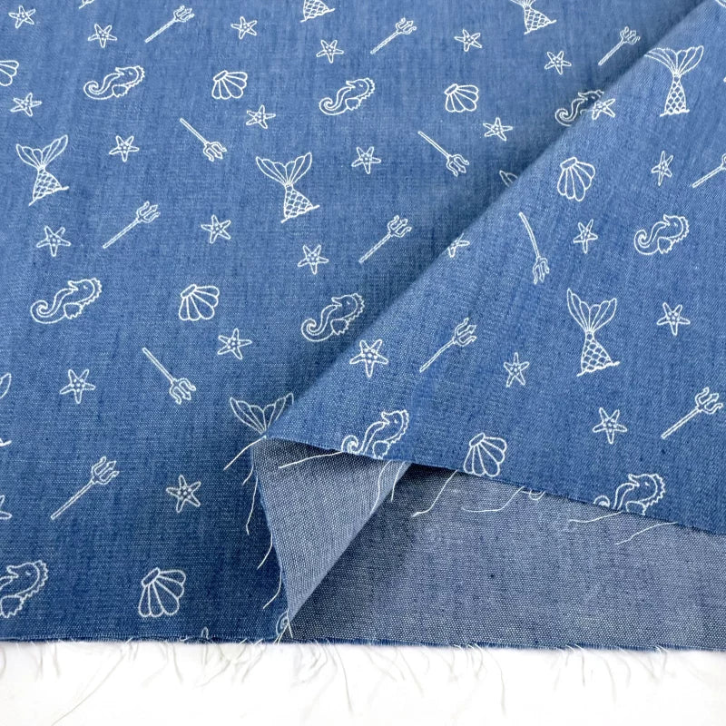 Cotton Denim Fabric, Washed Prints, for Dresses, Shirts & DIY - Ocean World Sky Blue