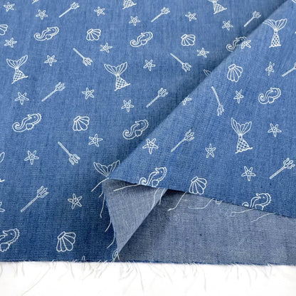 Cotton Denim Fabric, Washed Prints, for Dresses, Shirts & DIY - Ocean World Sky Blue