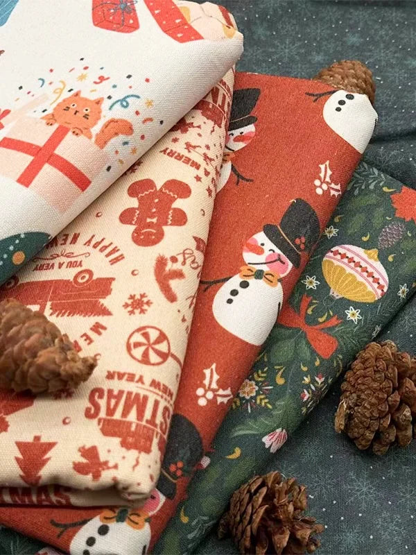 Christmas Print Cotton-Linen Fabric, Encrypted Woven Cloth for Decor & DIY