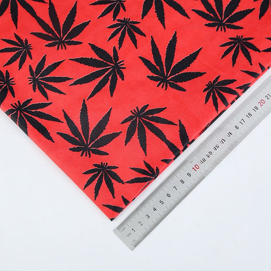 Polyester Maple Leaf Print Fabric, for Bags & Decor - Red Base Black Leaf