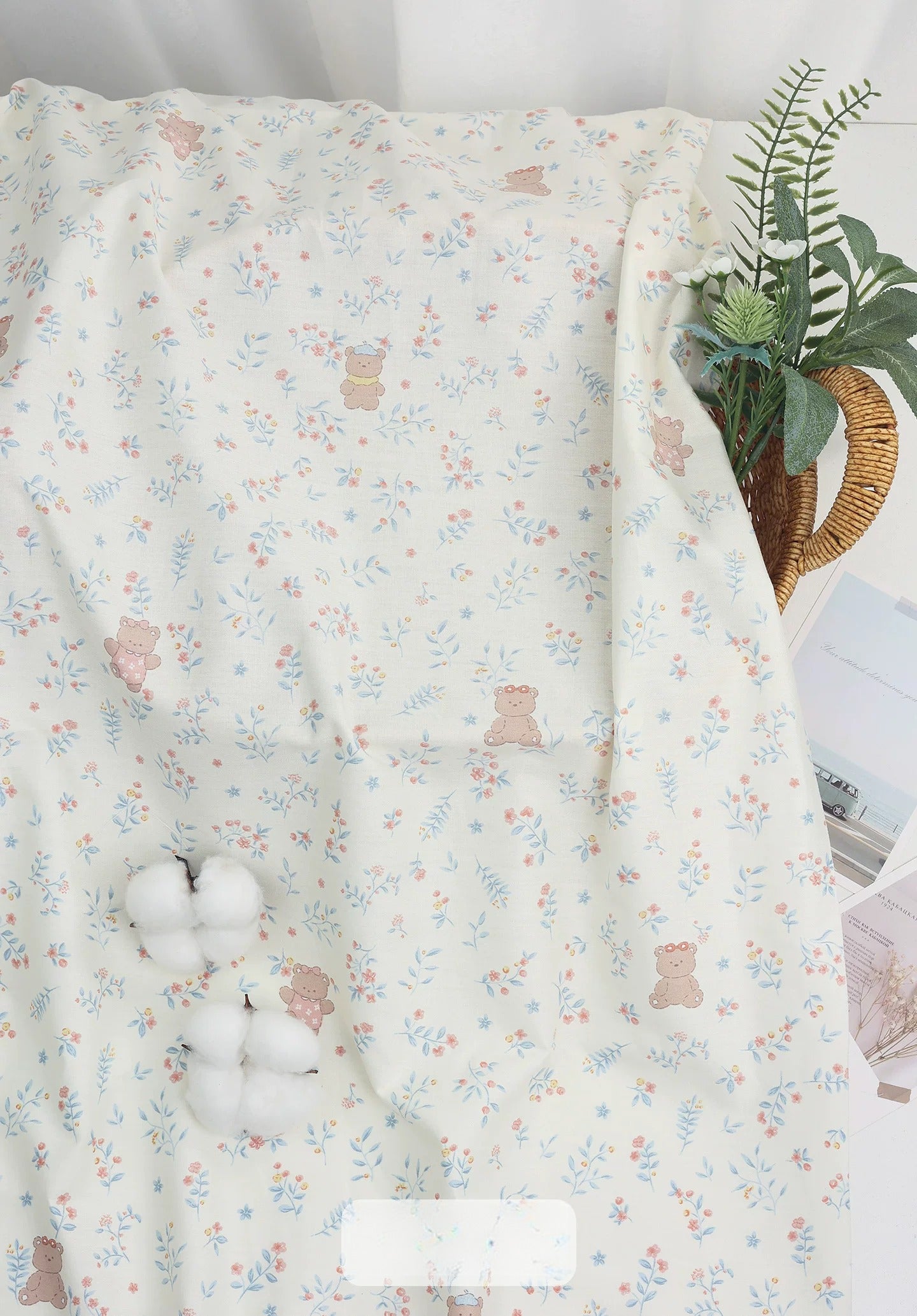 Class A Baby Cotton Fabric, Adorable Prints, for Babywear, Quilts & Bedding - Flower Meadow Bear