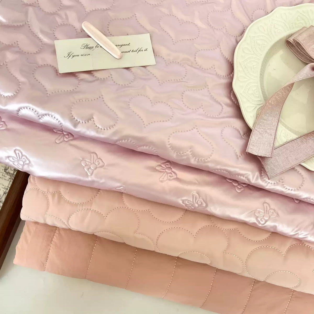 Quilted Padded Fabric, Heart & Bow for Apparel, 51 in Wide