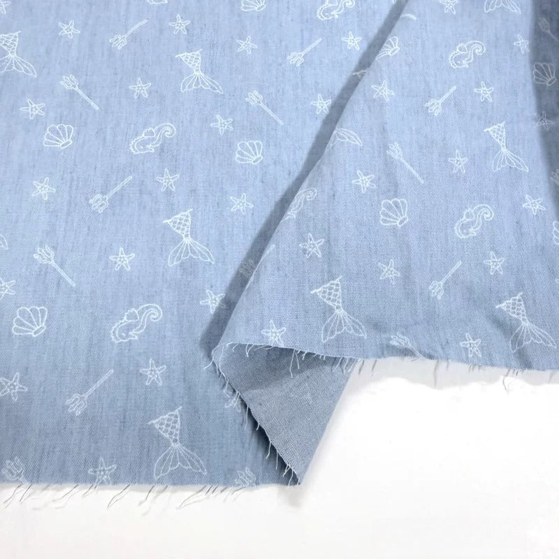 Cotton Denim Fabric, Washed Prints, for Dresses, Shirts & DIY - Ocean World Off-White