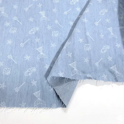 Cotton Denim Fabric, Washed Prints, for Dresses, Shirts & DIY - Ocean World Off-White