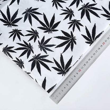Polyester Maple Leaf Print Fabric, for Bags & Decor - White Base Black Leaf