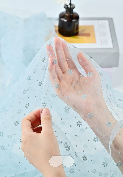 Flocked Mesh Organza, Snowflake & Plum Blossom, for Dresses, Curtains & Backdrops - Misty Blue
