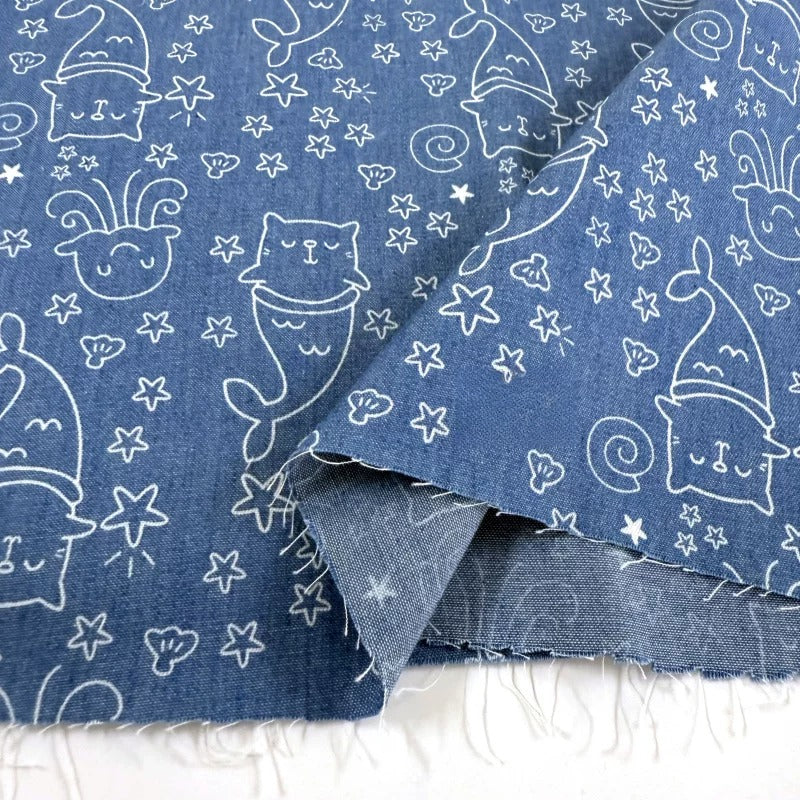 Cotton Denim Fabric, Washed Prints, for Dresses, Shirts & DIY - Mermaid Cat Sky Blue