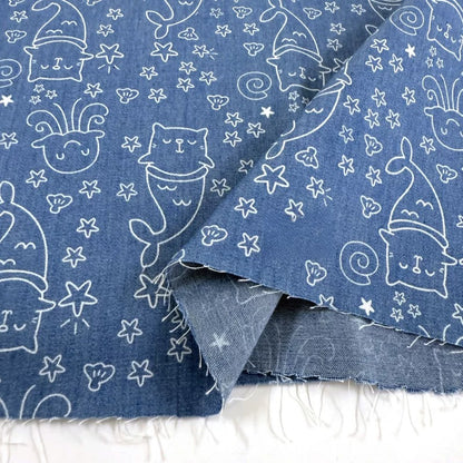 Cotton Denim Fabric, Washed Prints, for Dresses, Shirts & DIY - Mermaid Cat Sky Blue