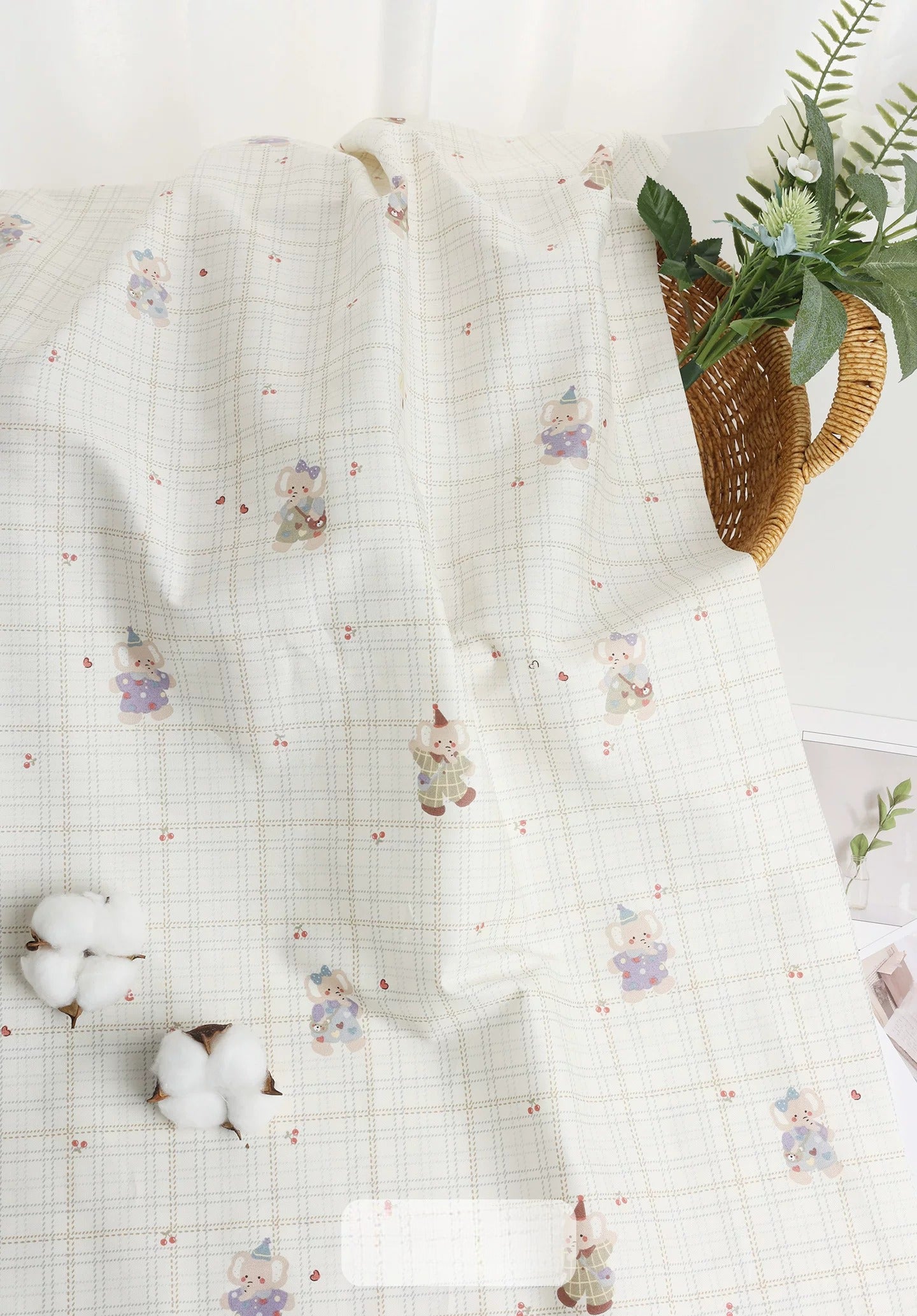 Class A Baby Cotton Fabric, Adorable Prints, for Babywear, Quilts & Bedding - Plaid Elephant