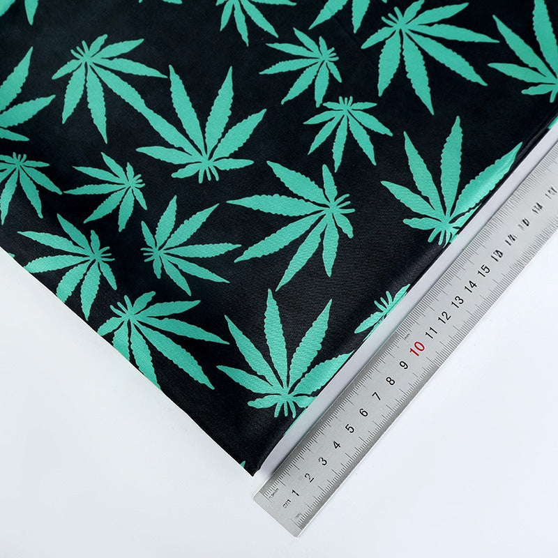 Polyester Maple Leaf Print Fabric, for Bags & Decor - Black Base Green Leaf