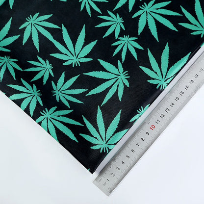 Polyester Maple Leaf Print Fabric, for Bags & Decor - Black Base Green Leaf