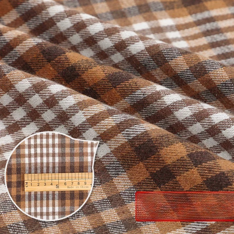 Brushed Plaid Shirt Fabric, Tartan Check, for Shirts, Skirts & JK Uniforms - Brown White Small Plaid