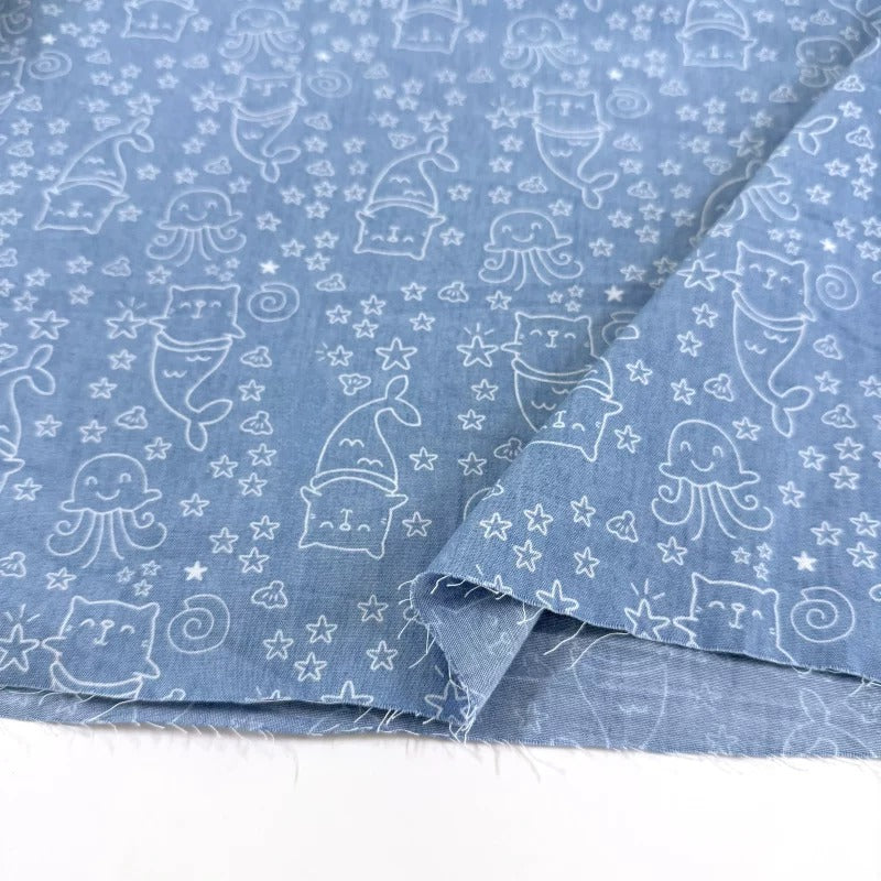 Cotton Denim Fabric, Washed Prints, for Dresses, Shirts & DIY - Mermaid Cat Light Blue