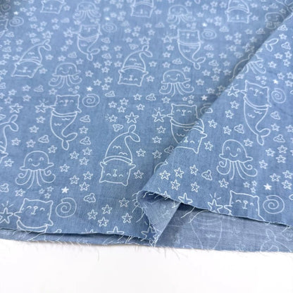 Cotton Denim Fabric, Washed Prints, for Dresses, Shirts & DIY - Mermaid Cat Light Blue