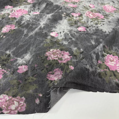 Cotton Denim Fabric, Washed Prints, for Dresses, Shirts & DIY - Gray Rose Tie-Dye Black