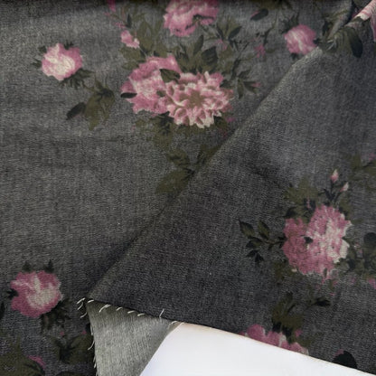 Cotton Denim Fabric, Washed Prints, for Dresses, Shirts & DIY - Gray Rose Gothic Black