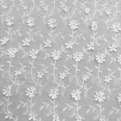 Cotton Fabric with Dimensional Floral Embroidery, 80 g/m², 130 cm Wide, for Kids' Clothing, Dresses & Craft