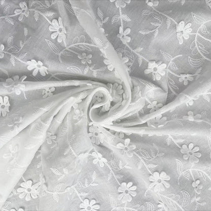 Cotton Fabric with Dimensional Floral Embroidery, 80 g/m², 130 cm Wide, for Kids' Clothing, Dresses & Craft