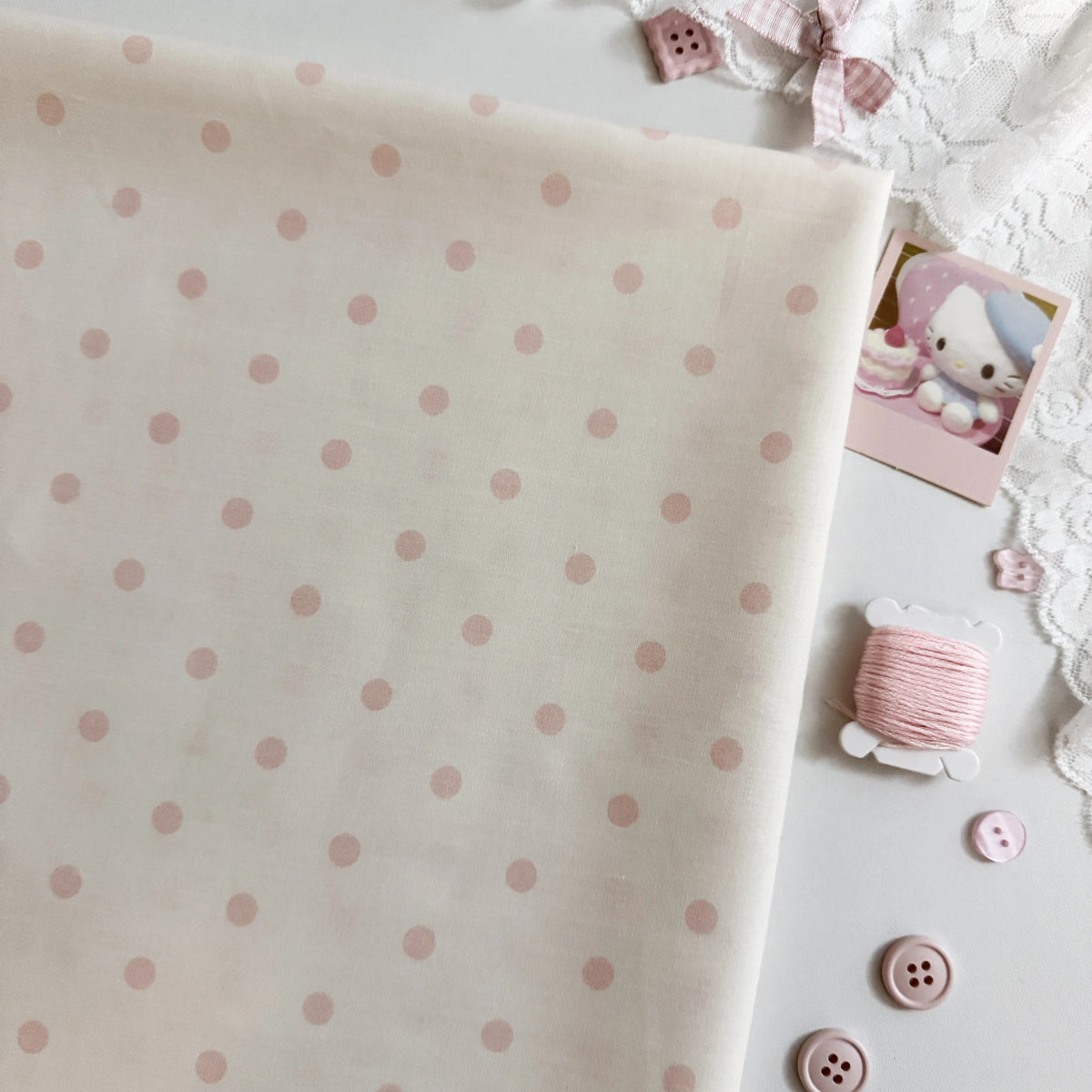 Cotton Print Fabric, Fresh Polka Dots, for Homewear, Scrunchies & Dollwear - Milky Pink Dot