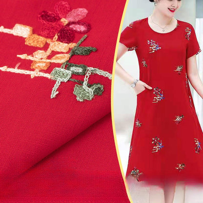 Embroidered Slub Cotton Fabric, Lightweight Woven Cloth for Shirts & Dresses - Bright Red