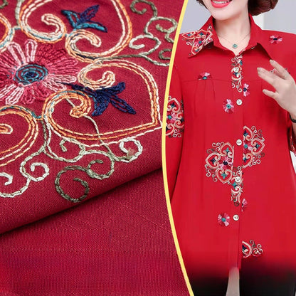 Embroidered Slub Cotton Fabric, Lightweight Woven Cloth for Shirts & Dresses - Wine Red