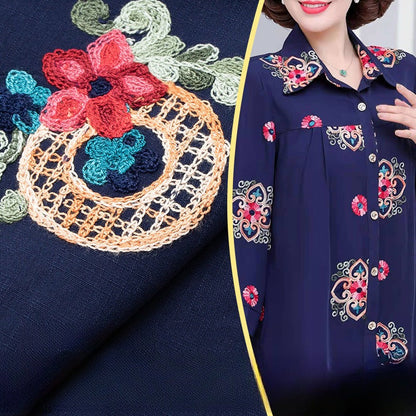 Embroidered Slub Cotton Fabric, Lightweight Woven Cloth for Shirts & Dresses - Navy