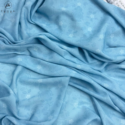 Chiffon Print Fabric with Gourd Vines, Sheer Polyester Cloth for Hanfu & Apparel - Cloud Blue