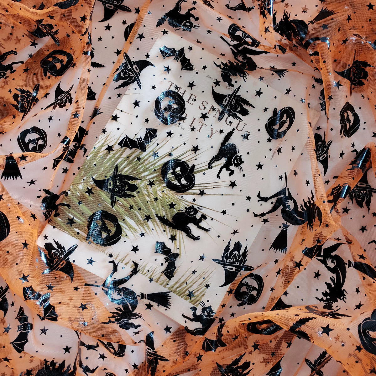 Halloween Foil Spiderweb Mesh, Sheer Net Fabric for Party Decor - Pumpkin Witch