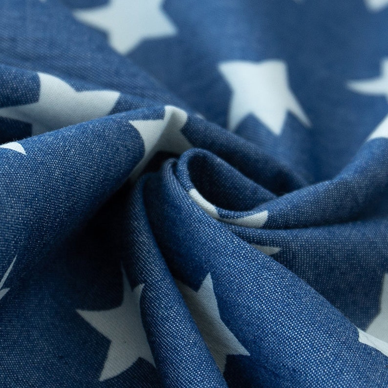 Blue Printed Denim Fabric, Lightweight for Jackets & Dresses