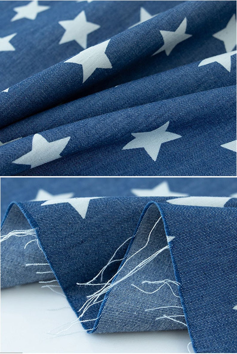 Blue Printed Denim Fabric, Lightweight for Jackets & Dresses
