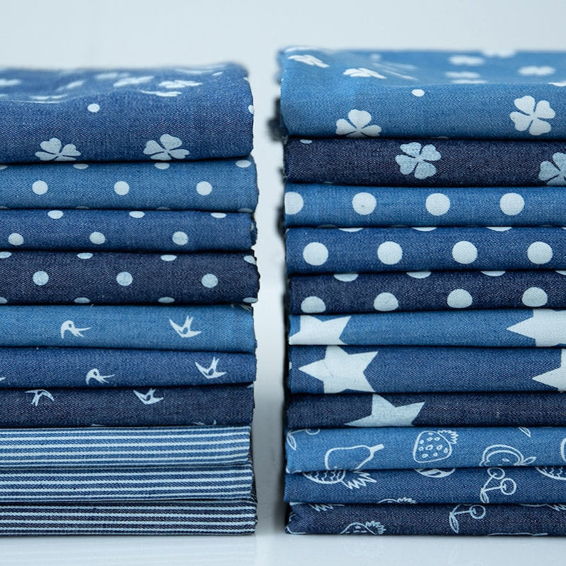 Blue Printed Denim Fabric, Lightweight for Jackets & Dresses