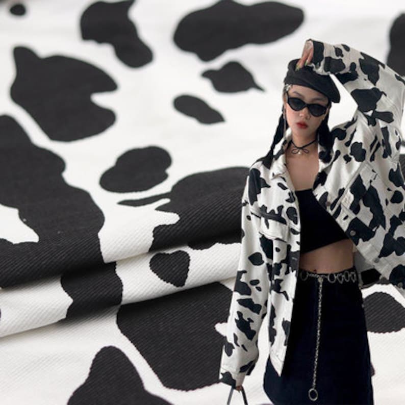 Cow Pattern Denim Fabric, Washed Animal Print for Jackets & Bags