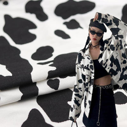 Cow Pattern Denim Fabric, Washed Animal Print for Jackets & Bags