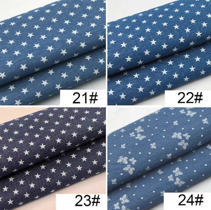 Printed Denim Fabric - Lightweight Washed Cotton Material for Quilting & Craft by the Yard