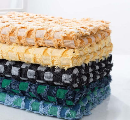 Checkerboard Lattice Fringe Jacquard Denim Fabric - Washed Cotton Material for Bags & Dresses by the Yard