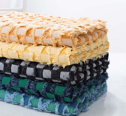 Checkerboard Lattice Fringe Jacquard Denim Fabric - Washed Cotton Material for Bags & Dresses by the Yard