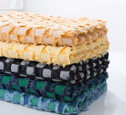 Checkerboard Lattice Fringe Jacquard Denim Fabric - Washed Cotton Material for Bags & Dresses by the Yard