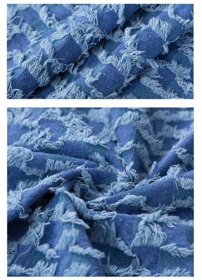 Checkerboard Lattice Fringe Jacquard Denim Fabric - Washed Cotton Material for Bags & Dresses by the Yard